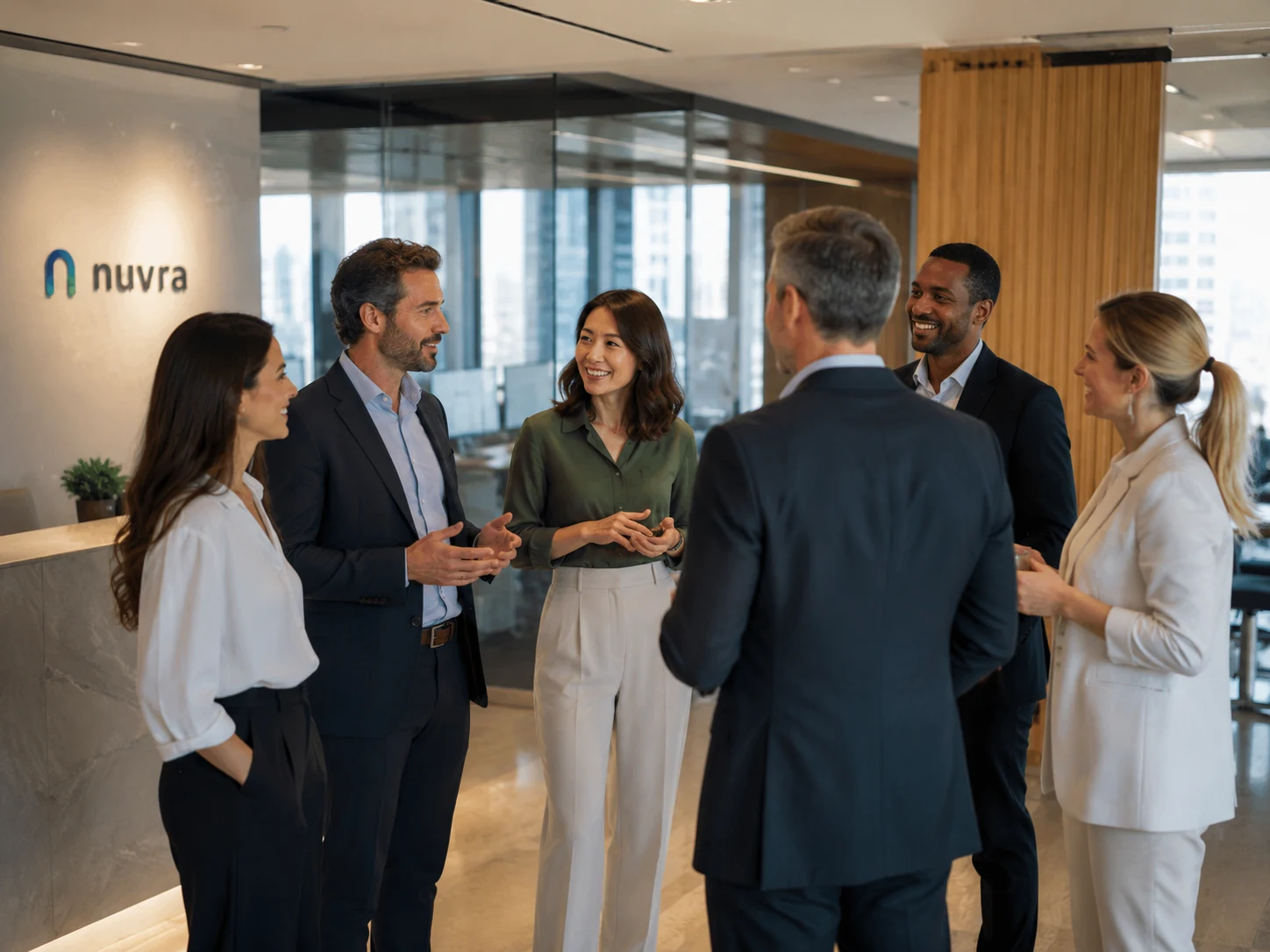 Profissionais em networking em um escritório premium da Nuvra.